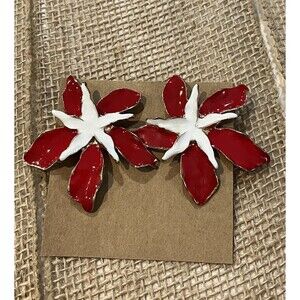 Vintage Mod Hawaiian Floral Earrings White & Red Enamel Gold Tone Pierced Beach